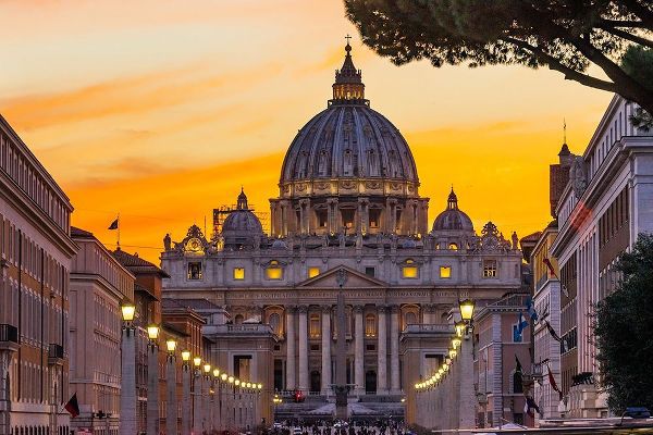 Orange sunset illuminated street lights-Via Della Conciliazione-Saint Peters Basilica-Vatican